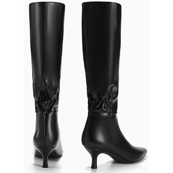 ⚡Women's Black Kitten Heel Knee High Boots Pointed Toe Tall Boots Pull On - Picture 5 of 5